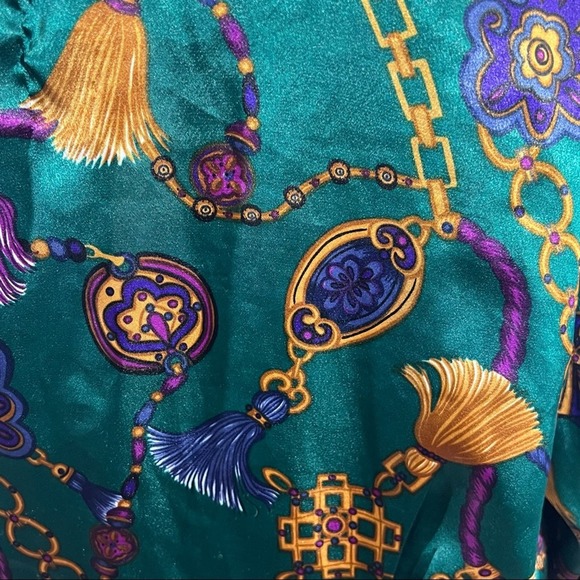 VICTORIAS SECRET🎄VTG Satiny PJ SET in teal & purple in a gold tassel print SZ S - Picture 7 of 16